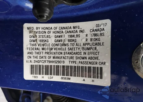 2017 Honda Civic Ex z USA, uszkodzony, nr VIN 2HGFC2F79HH529019